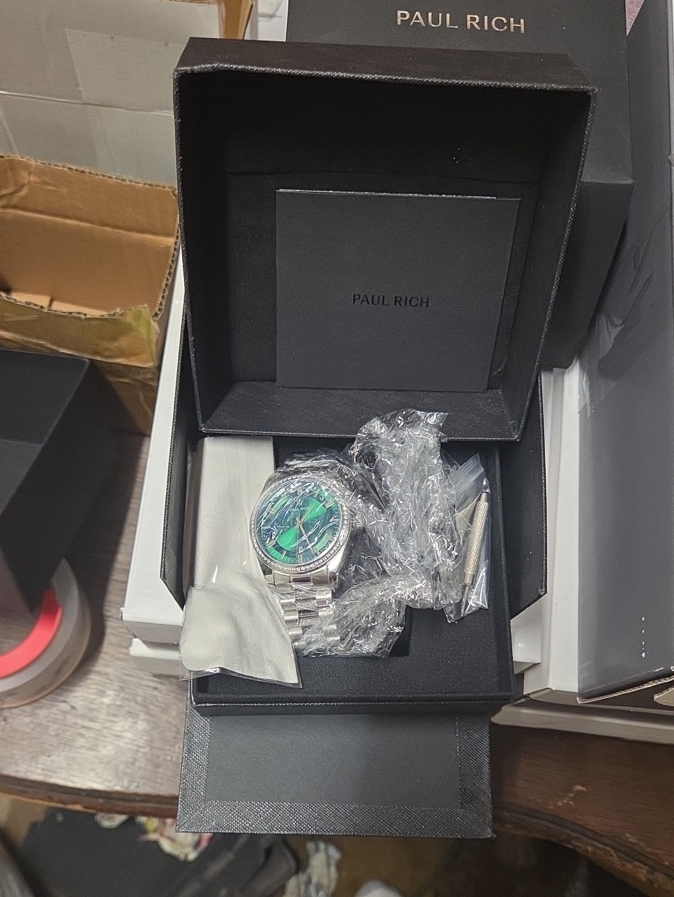 Mens Silver Watch With Green Sunburst Dial